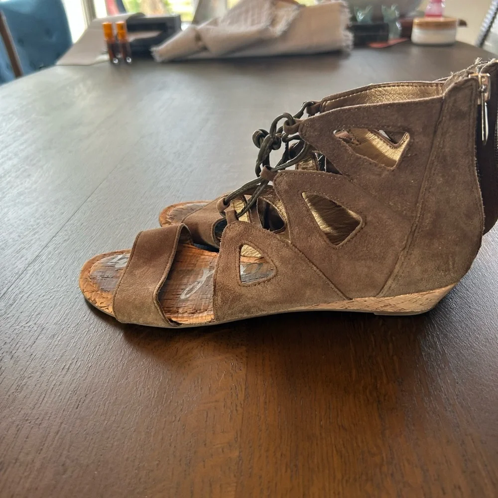 Sam Edelman moss green dean caged sandals lace up zipper back closure